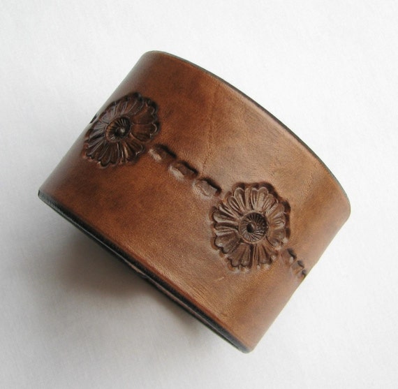 Tooled Wide Leather Cuff / Bracelet / Wristband by aosLeather
