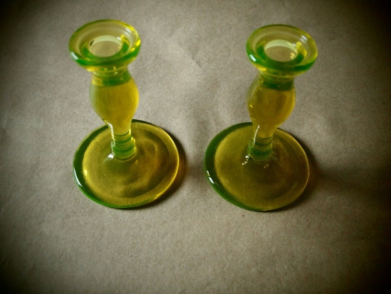 Vintage Vaseline Glass Candle Holders 9939