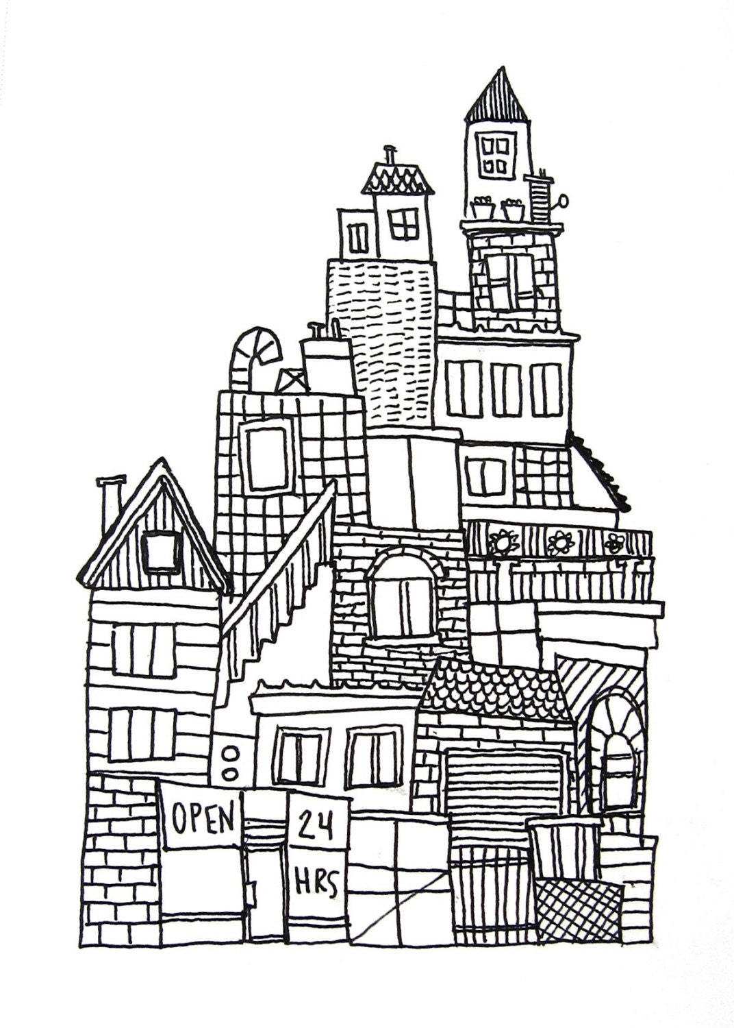 original ink drawing on paper black and white urban city