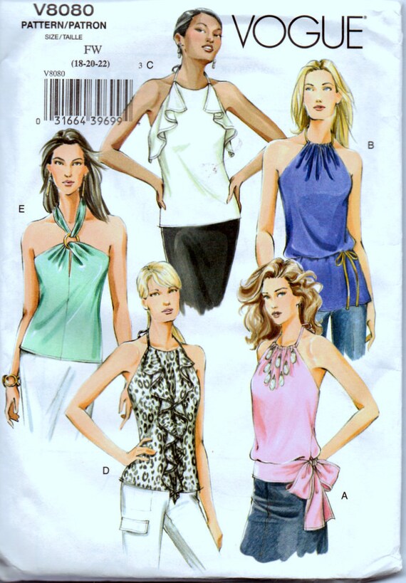 Sewing Pattern Vogue 8080 Misses Halter Tops Size 18 22 Bust 