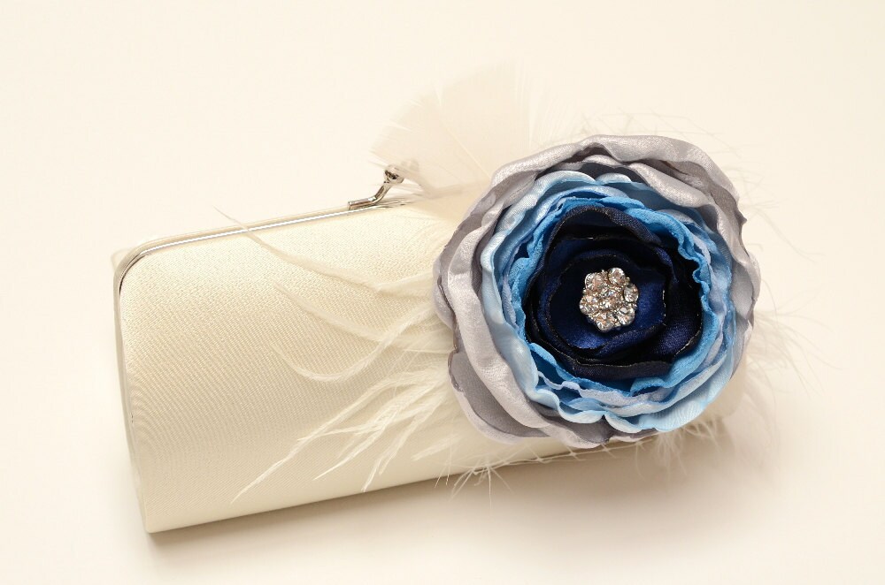 Ivory Feather & Rhinestone Clutch with Blue by FallenSparrow