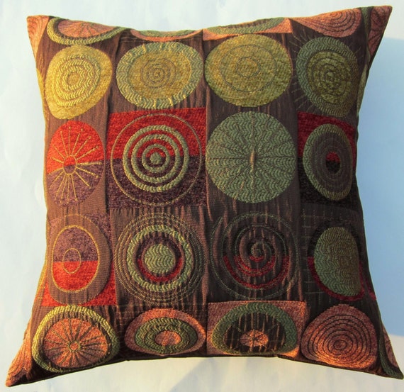Brown Throw Pillow Cover Rust & Gold Circles and Squares