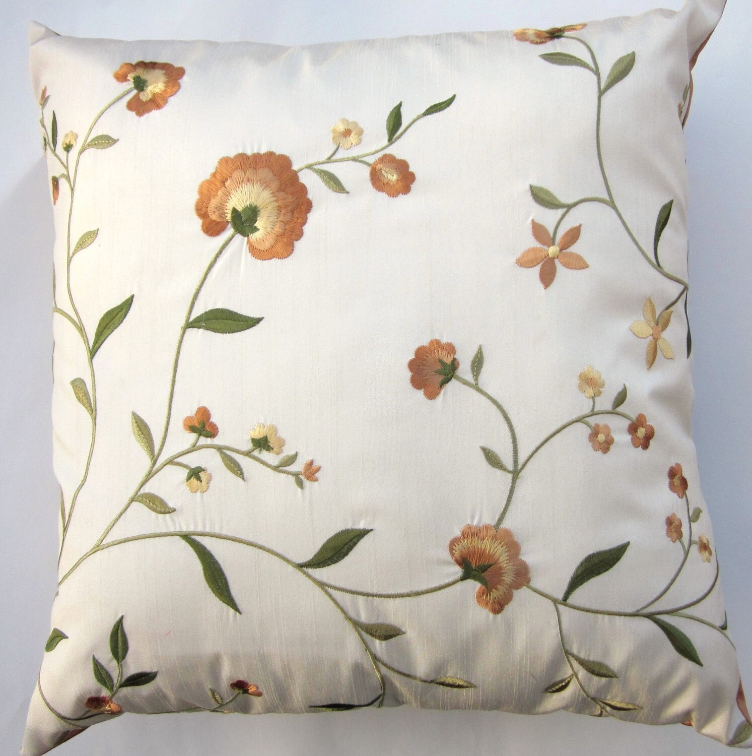 Ivory Throw Pillow Cover with Rust and Gold Embroidery 16 x