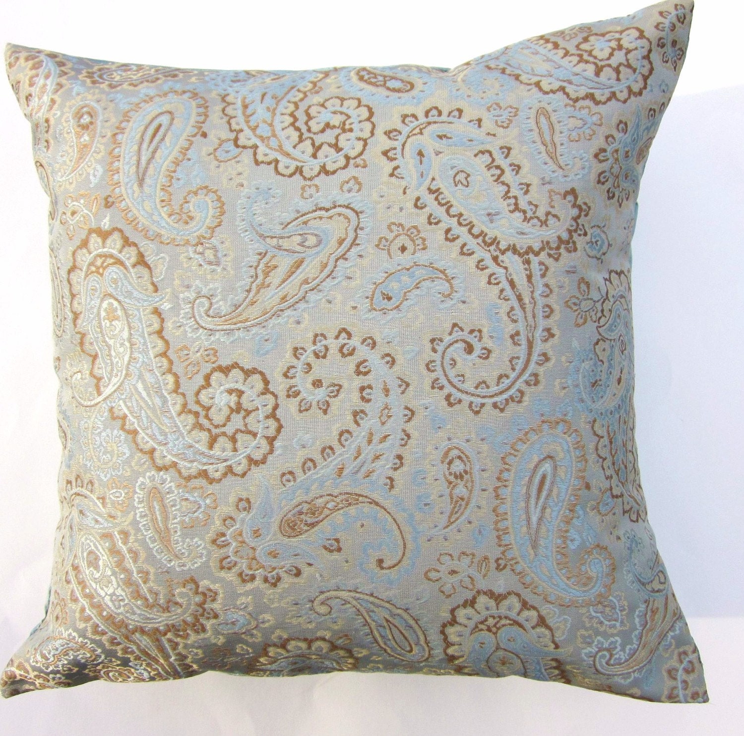 Robins Egg Blue and Brown Throw Pillow Cover Paisley