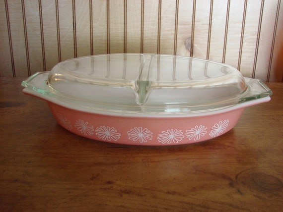 Vintage 1950 Pyrex Pink Daisy Divided Casserole Dish With Lid