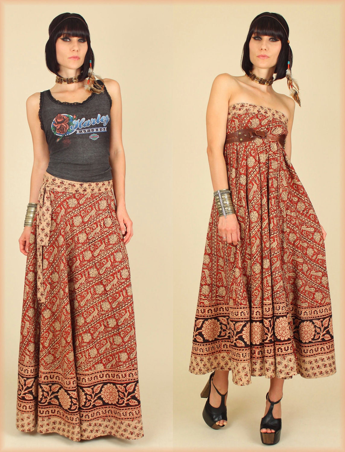 ViNtAgE 60's Bias cut Peacock India Cotton MAXI Wrap Skirt