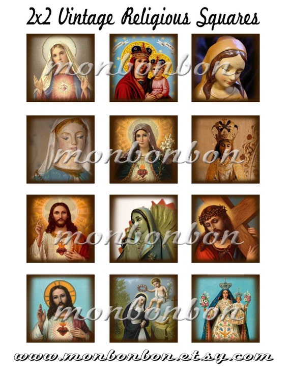 Digital Vintage Sacred Heart Jesus Mary Madonna 2x2 inch