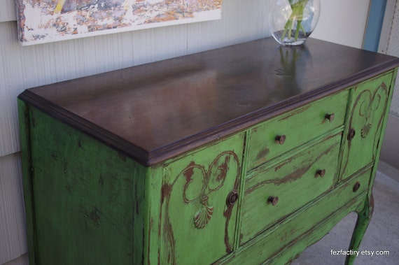 Curvy green distresed antique sideboard