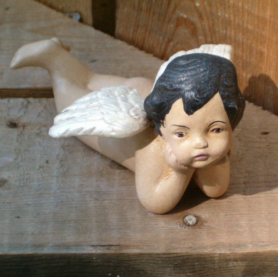 Small Cherub Figurine on Tummy Angel Figurine Ceramic