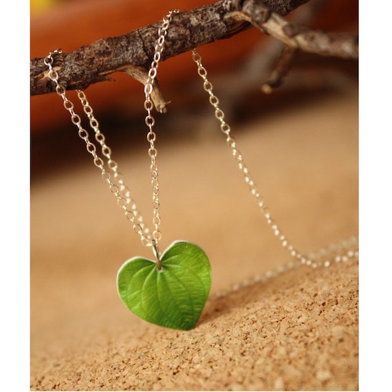 Items similar to Necklace - Green Heart Shaped Acrylic Leaf Photo ...