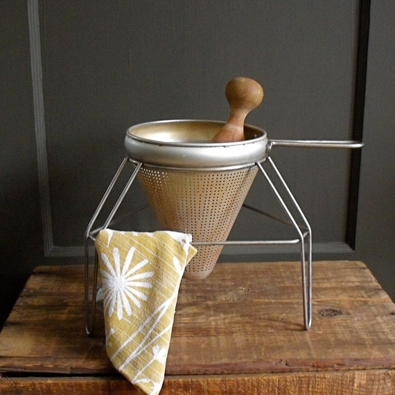 Vintage Strainer Sieve Colander with Wood Pestle by solsticehome