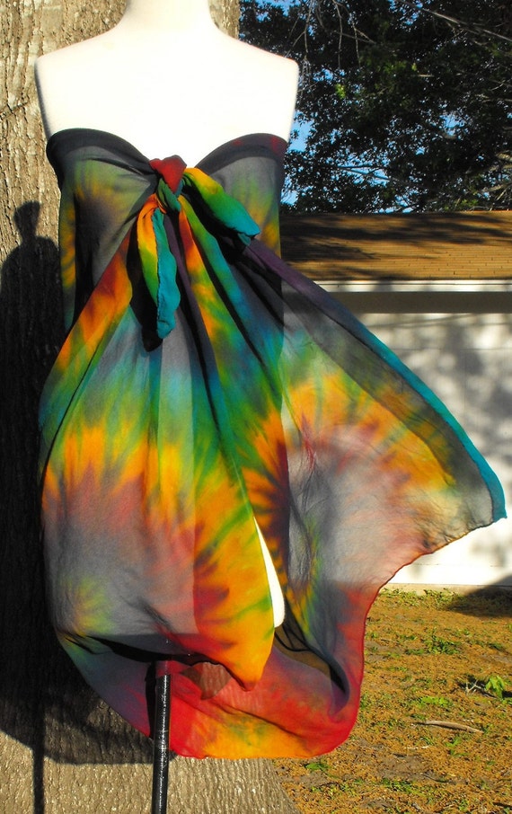 Tie Dye Rainbow Silk Chiffon Sarong or Wrap
