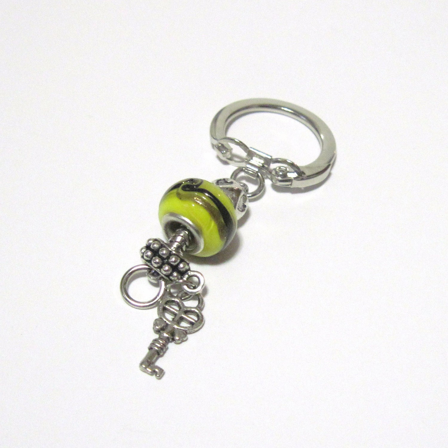 Lampwork Bead Big Hole Keychain Key Ring Yellow Black Key