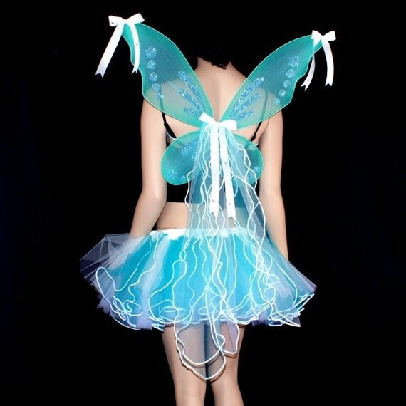 UV Teal Blue Fairy Costume with Wings adult Medium ready