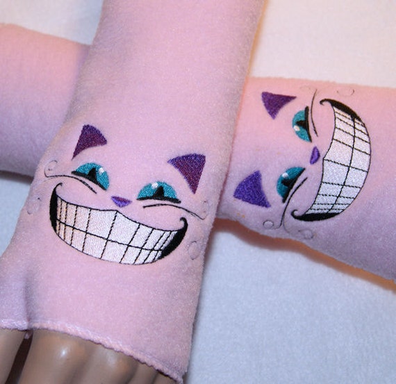 Cheshire Cat Pastel Pink Fleece Embroidered Arm Warmers