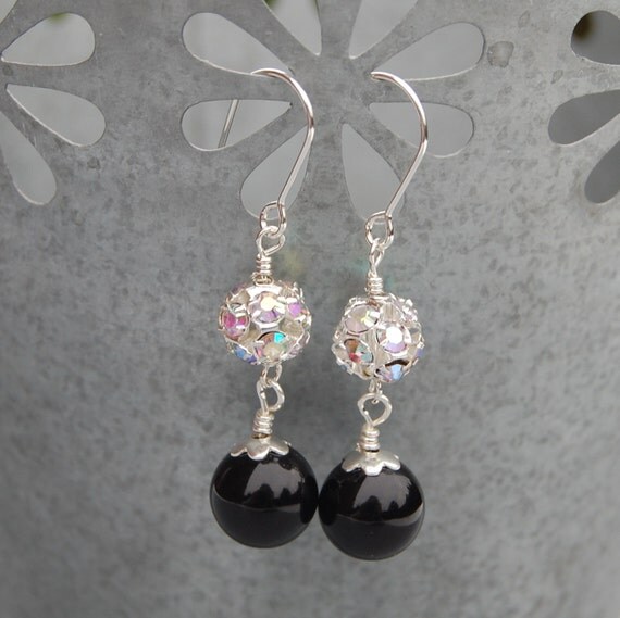 Sparkling Pearl Earrings Black Pearl and Rhinestone by AMIdesigns