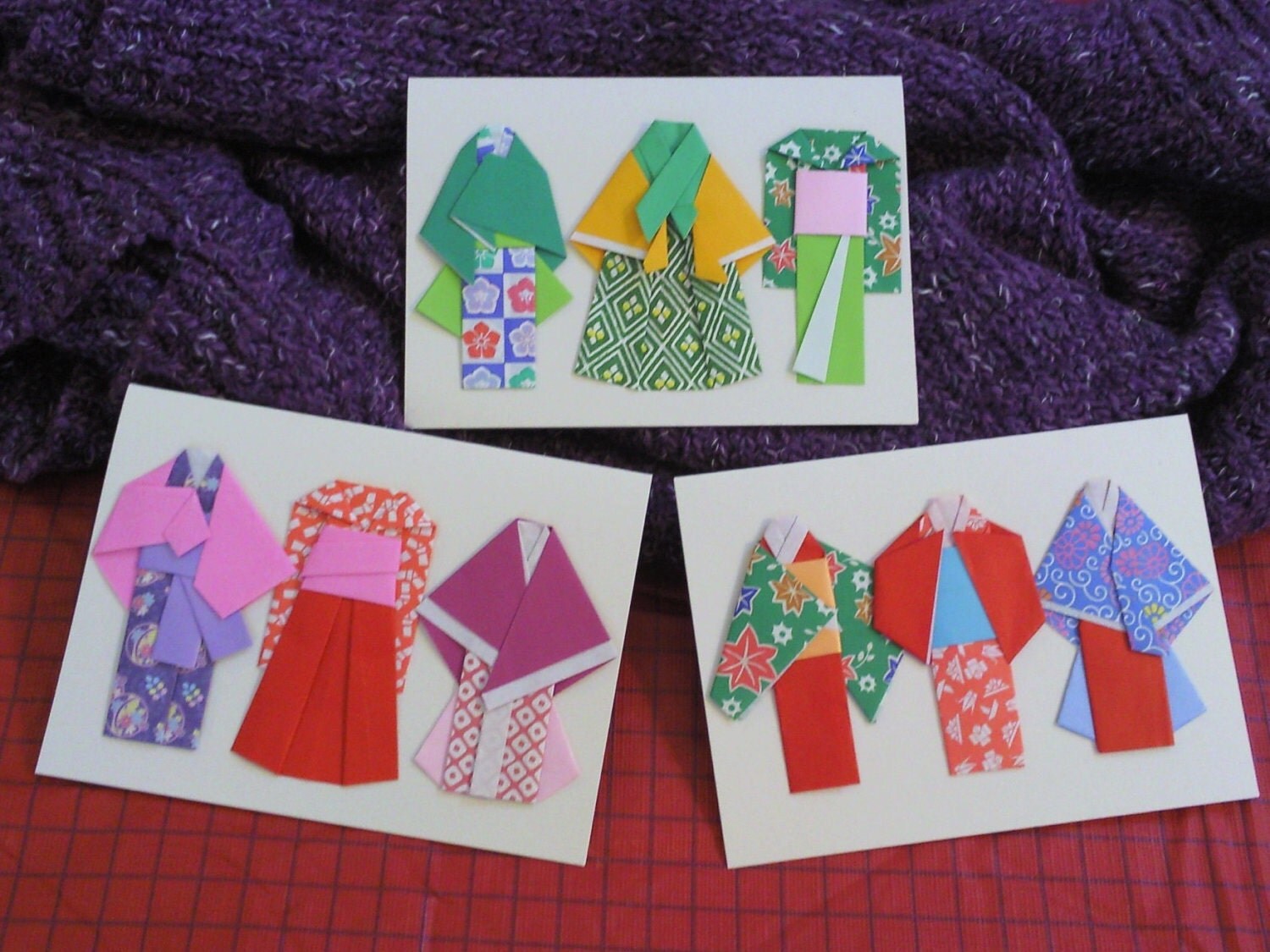 set of 3 origami kimono cards a trio of trio c