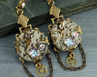 Steampunk Earrings Crystal Steampunk Earrings Steampunk Jewelry Steampunk Chandelier Earrings Brass Steampunk Gears Watch Earrings