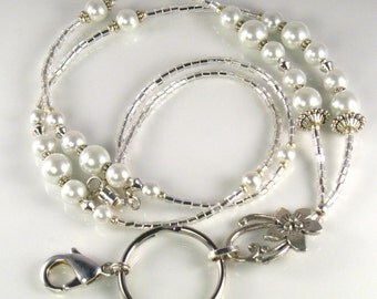 Beaded Lanyard JASMINE glass id badge holder - white pearls