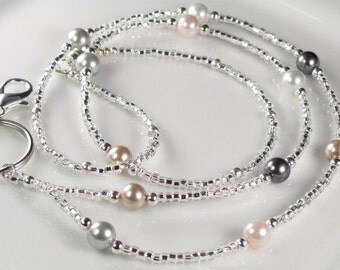Classic Beaded Lanyard, MADEMOISELLE Neutral Colors lanyard, Pearls and Glass ID Badge Holder