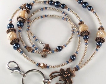 Beaded Lanyard MOONLIT WATERS Glass and Pearls ID Badge Holder
