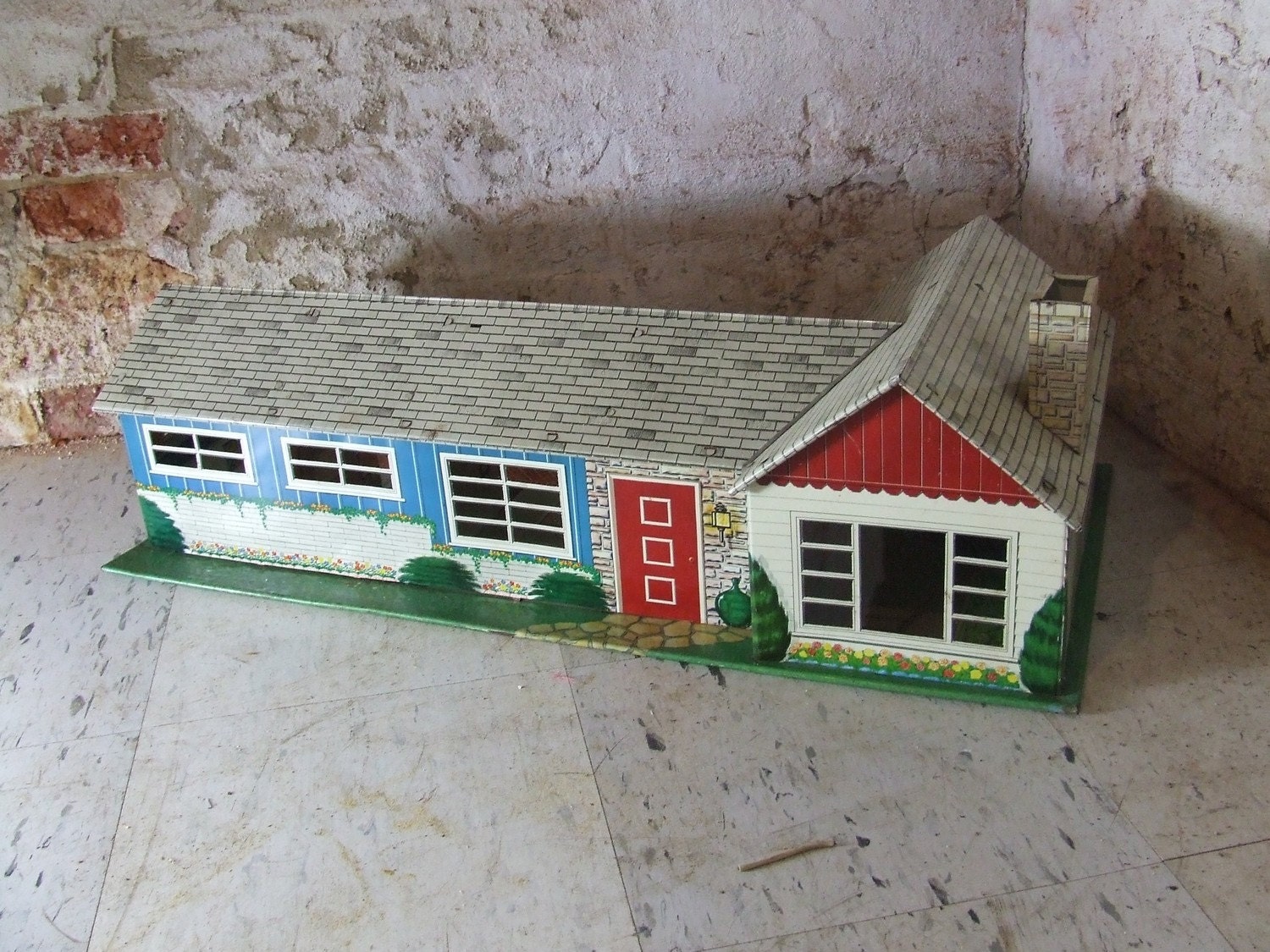 1950s 1960s Vintage Doll House Ranch Metal Lithograph