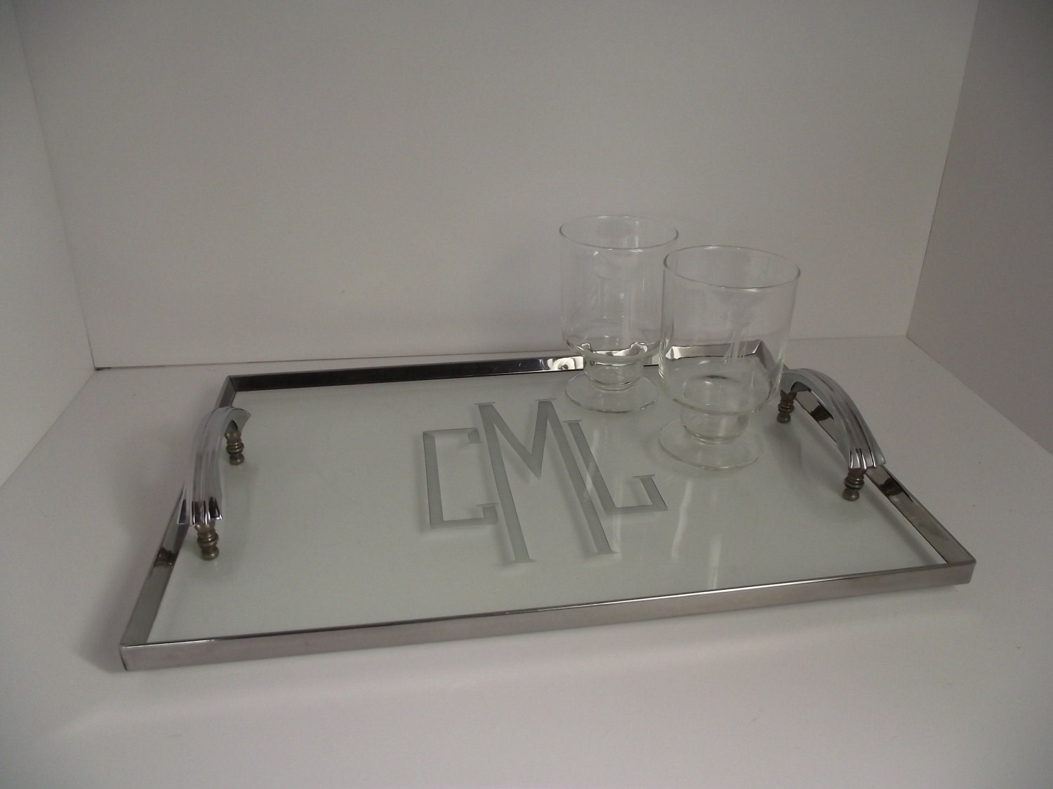 Vintage Bar Tray Glass and Chrome Mid Century Monogrammed