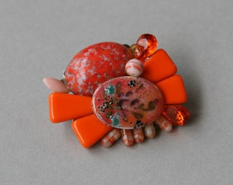 Cabochon and Crystal Brooch Circa 1950, Orange Brooch, Beaded Brooch, Autumn Colors, Crystal Brooch, Fancy Pin, Dressy Brooch