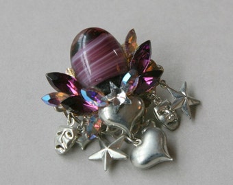 Purple Brooch,1950's Jewelry, Amethyst Crystal and Glass Brooch Circa 1950