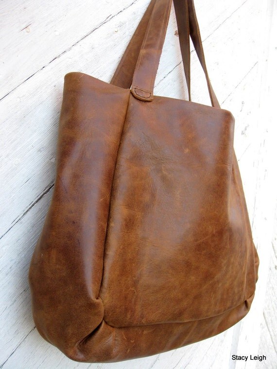Items similar to Distressed Brown Leather Slouchy Tote Bag by Stacy Leigh Ready to Ship on Etsy