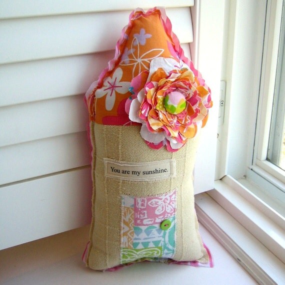 Handmade Fabric House Pillow Appliqued Happy Home No. 48