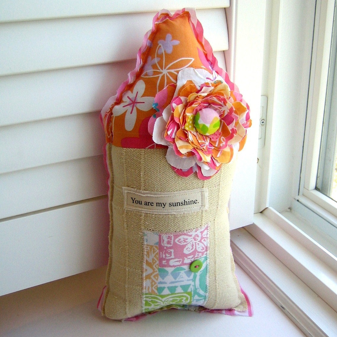 Handmade Fabric House Pillow Appliqued Happy Home No. 48