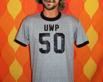 vintage 70s t-shirt ringer UWP university wisconsin super jock heathered gray tee Large
