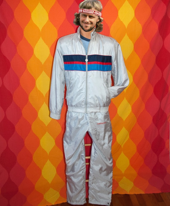 vintage 80s silver ADIDAS track suit jacket hood pants warm up