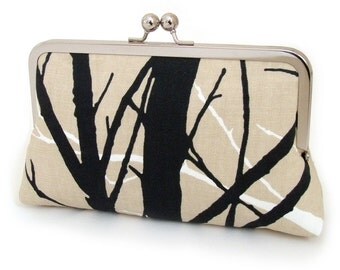 SALE - tree silhouette clutch, woodland purse, wedding, bridesmaid, birthday gift, black and taupe trees