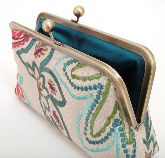 Jewel belle linen and silk clutch bag