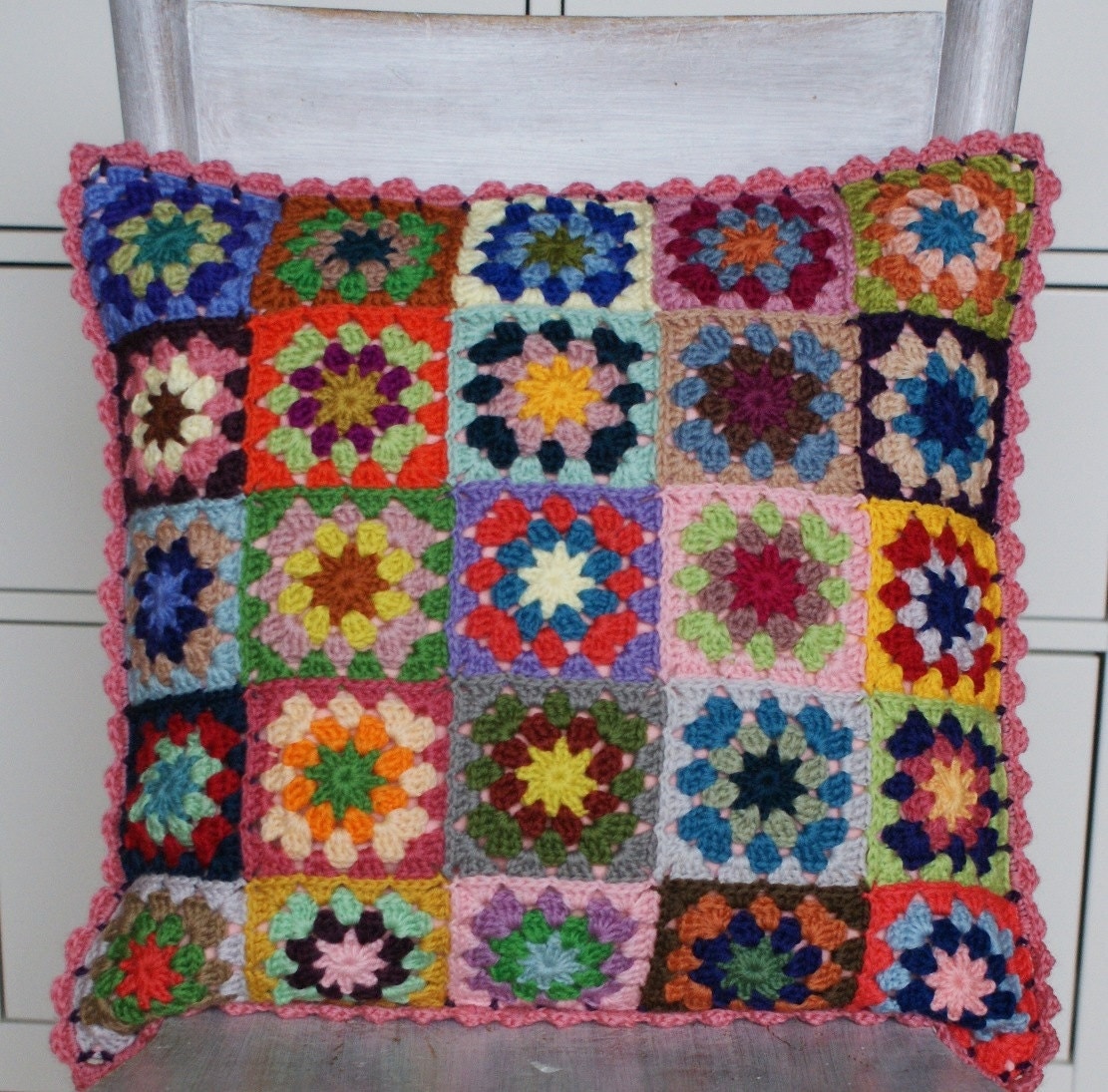 crochet 'granny square' cushion cover