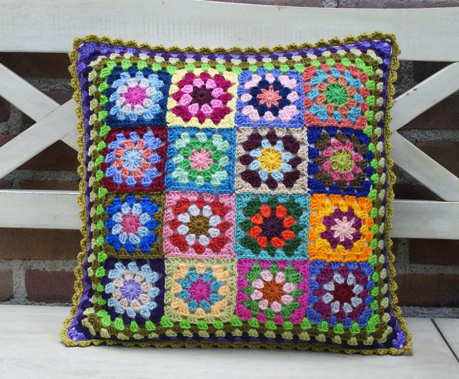 crochet 'granny square' cushion cover