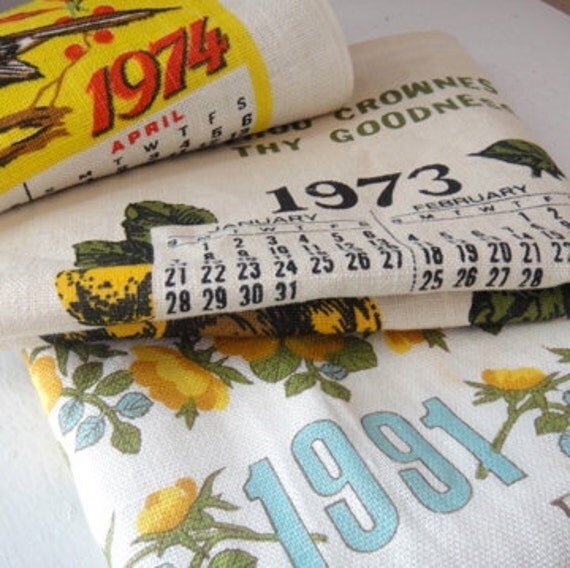 Vintage Kitchen Tea Towels Calendar Linen 1973 1974 1991