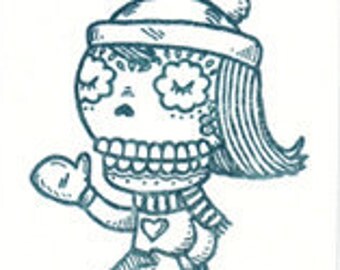 Ice Skating Calavera Limited Edition Gocco Screenprint ACEO