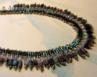 Green Statement Necklace with tourmaline Stones, Seed Bead Jewelry, Beadwork