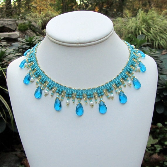 Items similar to Turquoise Blue Beaded Necklace, Blue Statement ...