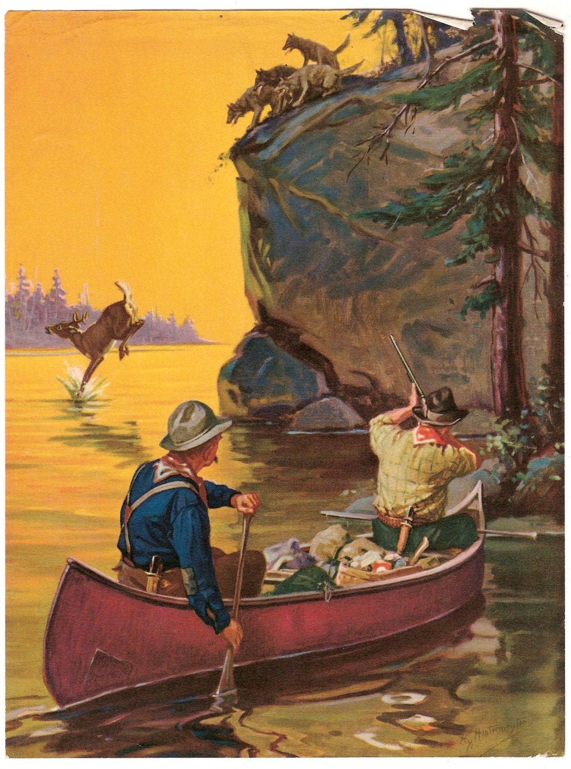 Vintage Calendar Print c.1930 Hunters in Canoe Hy