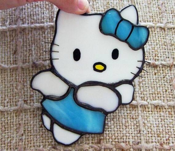 Hello Kitty angel in heavenly blue dress stained glass with