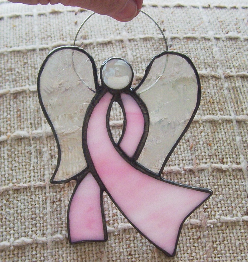 Pink ribbon angel stained glass suncatcher breast cancer