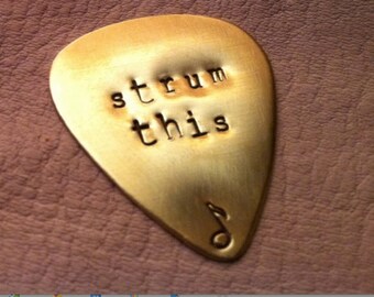 Strum This custom personalized hand stamped bronze or copper guitar pick plectrum music musical gift