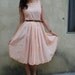 Vintage Peach Tree Tee Length Scalloped Eyelet Tea Party Circle Skirt Floral Embroidery Cotton Dress (size small, medium)