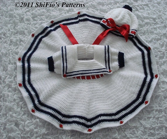 Baby Girl Crochet Pattern Sailor Dress, Beret Crochet Pattern 3 Sizes DIGITAL DOWNLOAD 184