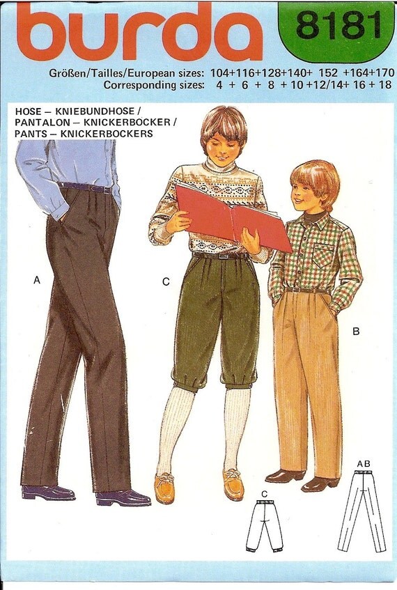 Boys Pants/ Knickerbocker Clothing Sewing Pattern Sizes