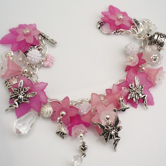Fairy Pink Flower Charm Bracelet by JANETLILY on Etsy